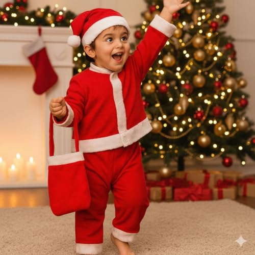 Image of PoPo Toys Santa Claus Costume for Christmas Children 1-3 Years| Red Santa Suit with Fur Trim, Belt, Hat & Beard | Xmas Party & Fancy Dress Outfit Size 0