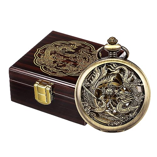Image of ManChDa Antique Mechanical Pocket Watches for Men Lucky Dragon Phoenix Pocket Watch with Chain Skeleton Dial Roman Numerals Gifts for Fathers Day