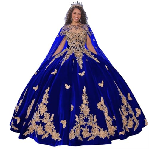 Luxury Velvet Quinceanera Dresses 3D Butterfly Ball Gown Gold Lace Appliques Sweet 16 Dresses with Removable Cape