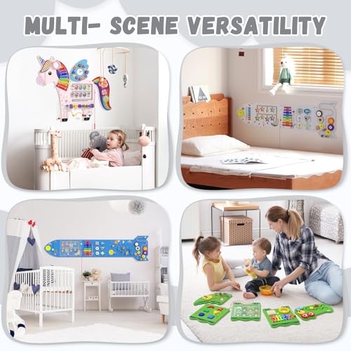 Image of Spacocld Rocket Activity Wall Busy Board Panels - Sensory Wall Panel for Kids, Montessori Toddler Wall Activity Board, Wall Toys for Toddlers 3, Activity Cube, Wooden Boards, White Grey(4PCS)