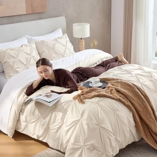 Image of Andency Oversized Queen Pinch Pleat Comforter Set (98 inchx98 inch),3 Piece Lightweight Pintuck Bedding Comforters & Sets, Fluffy Down Alternative Comforter with 2 Pillow Shams for All Season,Beige