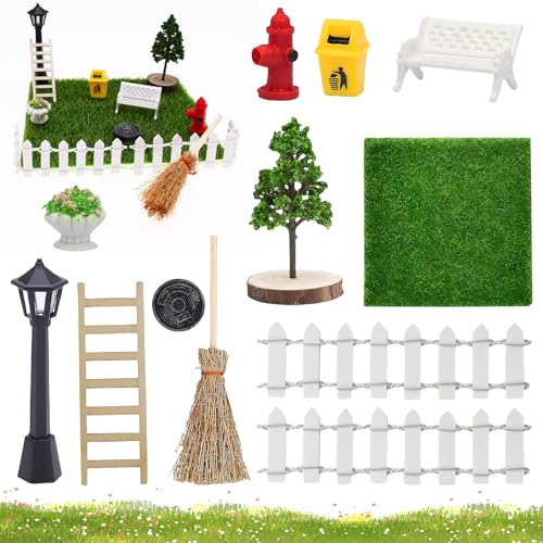 xlwens Set da Giardinaggio in Miniatura Casa delle Bambole,12 pezzi,Mini Set di Decorazioni per Mobili da Giardino,Accessori Giardino Miniatura Set,Con prato, bidoni, tombini, aiuole ecc,1:12