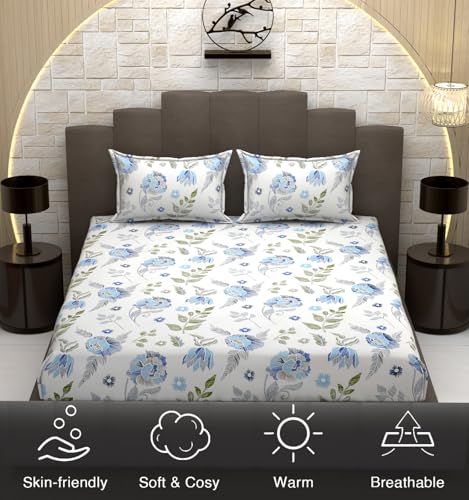 Image of 240 TC Soft Ezyption Cotton Floral Print King Double Bed bedsheet - with 2 Pillow Covers,bedsheet for Double Bed King Size Hypoallergenic, Brethable, (Size- 90 x 90 Inch) White Grey