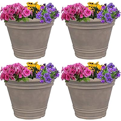 Sunnydaze 20-Inch Franklin Large Plant Pot - Polyresin Round Outdoor Planter with Drillable Drainage Hole - 4 Pack - Beige