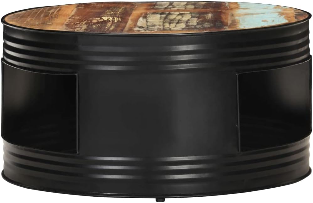vidaXL Industrial Coffee Table, Solid Reclaimed Wood, Black Iron Frame, Unique Multi-Color Finish, No Assembly Required, Round Design, Sized 26.8"x14.2"