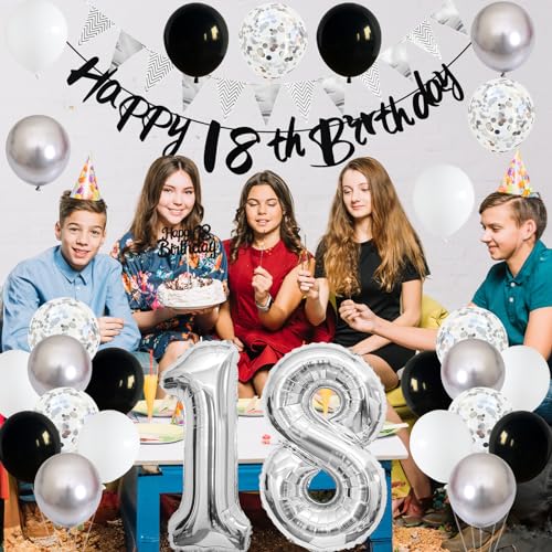 Image of 18th Birthday Decorations for Boys, Black Happy 18th Birthday Banner with Black Silver 18th Balloons 18 Cake Topper Decor Number 18 Balloon for Girls 18 Year Old Party Decoration