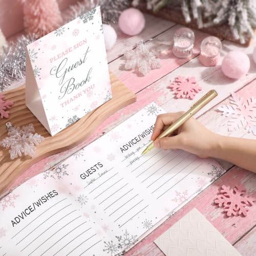 Image of Fuyoooo 27 Pcs Pink Snowflake Baby Shower Guest Book with Pen