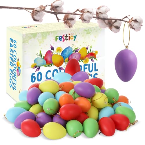 Festicy Bunte Ostereier Plastik zum Aufhängen I 60 Stück I Osterdeko für Draußen und Innen I 6 Farben I Osterschmuck Outdoor Wetterfest & Robust I Ostern Deko I Osterschmuck Outdoor