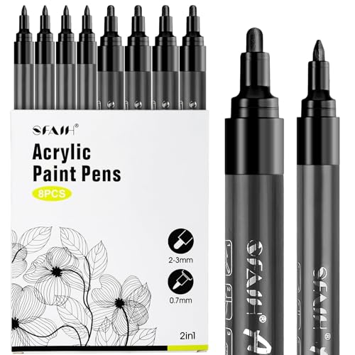 Image of SFAIH Acrylic Black Paint Pens - 2-3MM Medium Tip & 0.7MM Extra Fine | High Coverage, High Capacity Ink,8 Count Art Pens, Permanent Markers, Rock Painting, Wood, Fabric, Plastic, Canvas, Glass