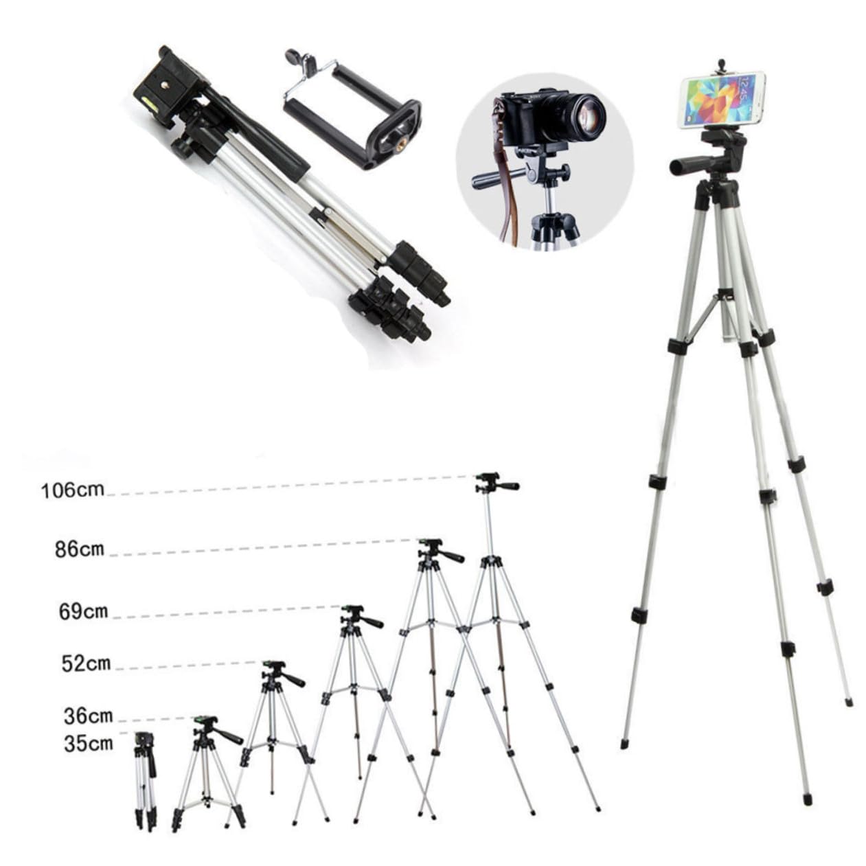 Treppiede Portatile per Telefono e Fotocamera con Testa 360° | Regolazione a 4 Snodi, Gambe a 3 Sezioni, Filetto 1/4", Lega di Alluminio e Abs, Argento