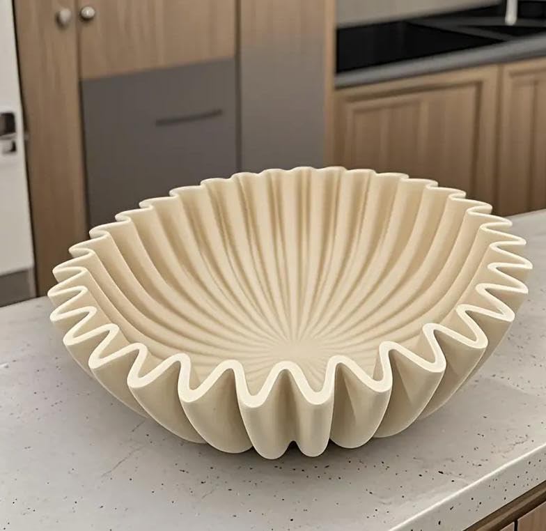 Large Decorative Bowl - 7.9in x 2.6in - White Decorative Bowls for Home Decor - Ruffle Decor - Fluted Bowl - Scalloped Bowl-Stylish Key for Entry Table(Black) (Beige)