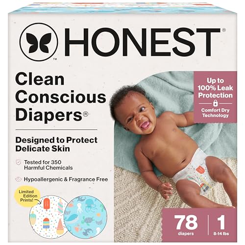 Image of The Honest Company Comfort Dry Disposable Diapers for Sensitive Skin, Hypoallergenic, Fragrance-Free, Summer '25 Seasonal Prints, Club Box, Size 1 (8-14 lbs), 78 Count
