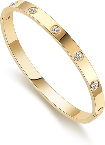 RIMRIVA Gold Bracelets for Women 14K Gold Plated Friendship Bangle Bracelets Cubic Zirconia Stones Stainless Steel Bracelet Jewelry Love Christmas
