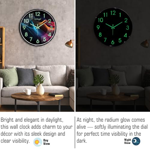 Image of RANDOM Modern 12.75 INCH Wall Clock with 3D Radium Numbers, Silent Non-Ticking, Premium Black Frame, Ultra Clear Glass for Living Room, Home Office