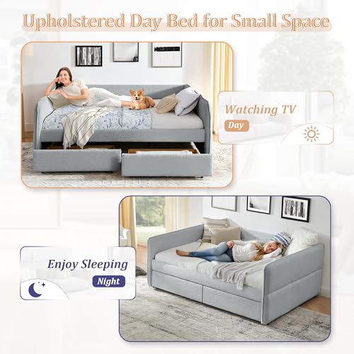 Antetek Queen Size Daybed with Storage Drawer, Upholstered Boucle Fabric Sofa Day Bed Frame with Wood Slats Support, No Box Spring Required, for Bedroom, Living Room, Study, Small Space, Grey
