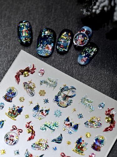Image of Christmas Crystal Ball Nail Stickers Snowman Nail Art Stickers with Gold Design 5D Embossed Self Adhesive Nail Decals for Nails Art Xmas Manicure Decoration Accessories for Women Girls