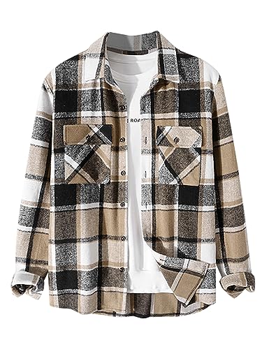Image of ZAFUL Unisex Plaid Flannel Shirt Jacket Button Down Long Sleeve Pocket Coat Outwear | Mens Fall Clothes Lightweight Long Sleeve Button Down Flap Pocket Jacket Tops for Fall&Winter 2026