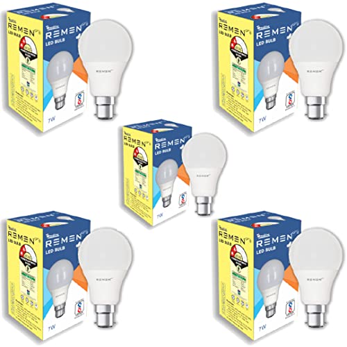 Image of REMEN B22 7 Watt LED Bulb Cool Day Light (White, Pack of 5), Long Life, Energy Efficient & 240 Degree Beam Angle 7W Led Light Bulb for Home, Office & Commercial Use