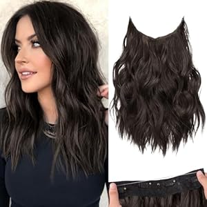 KooKaStyle Invisible Wire Hair Extensions with Transparent Headband Adjustable Size 4 Secure Clips Long Wavy Secret Wire Hairpiece Dark Brown 12 Inch for Women