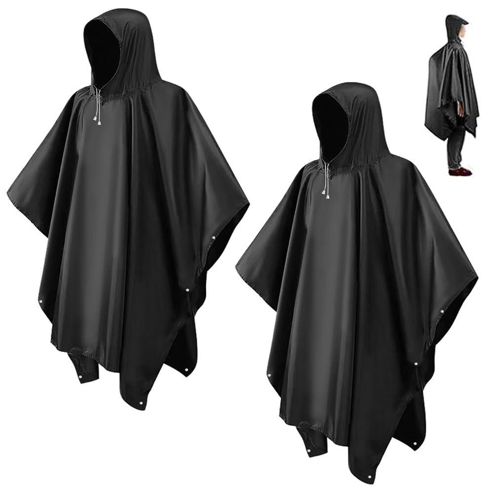 CHGANG Regenponcho Wasserdicht Regenjacke 2 Stück für Herren Damen, Eva Leicht Regencape Regenschutz Wiederverwendbarer mit Kapuze für Festivals, Camping, Wandern, Reisen, Einheitsgröße (Schwarz)