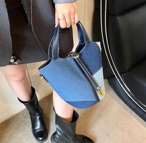 Women Denim Color Block Crossbody Bucket Purses Stylish Top Handle Handbag Casual Tote for Shopping Work4