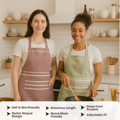 Image of Unisex Cooking Aprons | Waterproof Apron | Striped Design with 2 Front Pockets & Adjustable Neck Strap | Durable, Oil & Stain Resistant | Chef Apron for Cooking