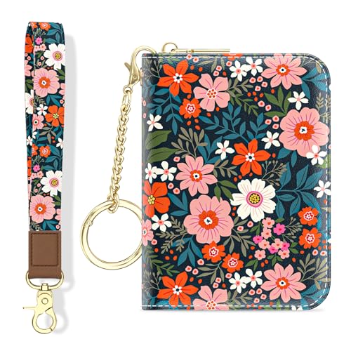Image of Aiawoxc Credit Card Holder, Small RFID Wallet Slim Leather Card Organizer Case with Zipper and Wristlet Strap, Cute Flowers