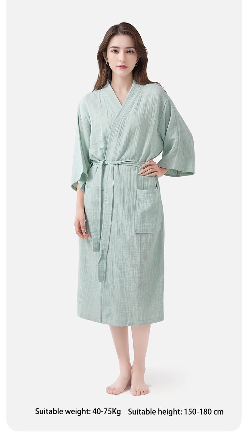 LUKX Morgenmantel Damen Leicht,Baumwoll-Leinen-Bademantel Salbeigrün Schlichter Kimono Robe V-Ausschnitt Morgenmantel Leichtes Kurzes Nachthemd Braut-Morgenmantel Nachtwäsche Bademantel Damen