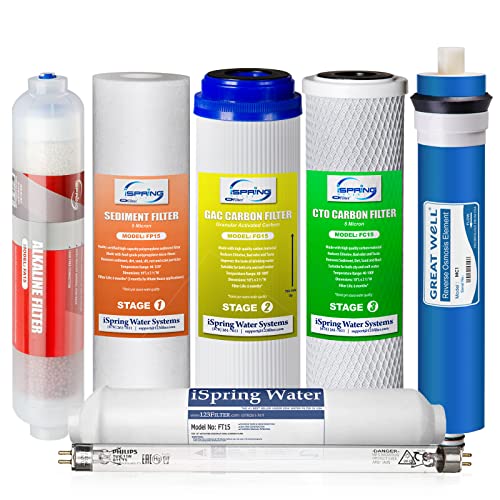 Image of iSpring F7KU100 Replacement Under-Sink Water Filter Cartridges Set for 7-Stage 100 GPD Membrane Reverse Osmosis RO Water Filtration Systems with Alkaline Mineral Filter and UV Bulb