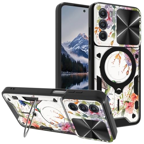 Mxfdegf for Moto G Stylus 5G 2022 Case, with Slide Camera Cover&Shockproof Bracket, Dual Layer Durable Heavy Duty Protective Cell Phone Case for Moto G Stylus 5G 2022,Hummingbird and Flowers