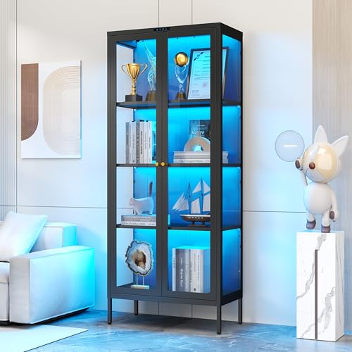 Polup Glass Display Cabinet with 8-Color LED Lights, Black Curio