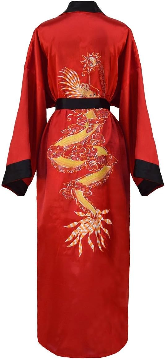 Vestaglia da Notte con Kimono Giapponese Ricamato Reversibile da Donna, Black/Red, S