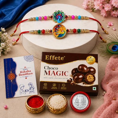 Image of Oblivion Rakhi with Chocolate for Brother - Multicolor Peacock Design Rakhi 2 Pcs with Chocolate (32g) with Silver Color Pooja Coin, Greeting Card & Tilak Set - Raksha Bandhan Combo (K2 1894+1910 CM32)