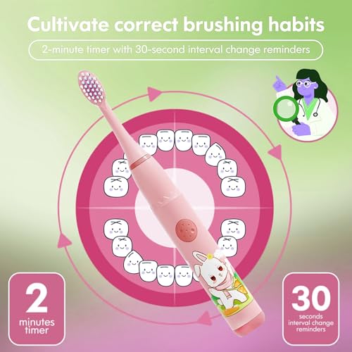 Image of Obvie Sonic Electric Kids Toothbrush with 4 Brushing Modes, Soft Nylon Bristles, 3 Brush Heads & Rechargeable Battery Last Up to 30 Days, IPX7, Electric Power Tooth brush (Purple, Pink)