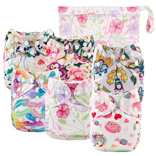 Image of Babygoal Cloth Diaper Cover for Girls,Baby Adjustable Reusable Covers for Fitted Diapers and Prefolds, 6pcs Baby Clothes Covers+One Wet Bag 6DCF04