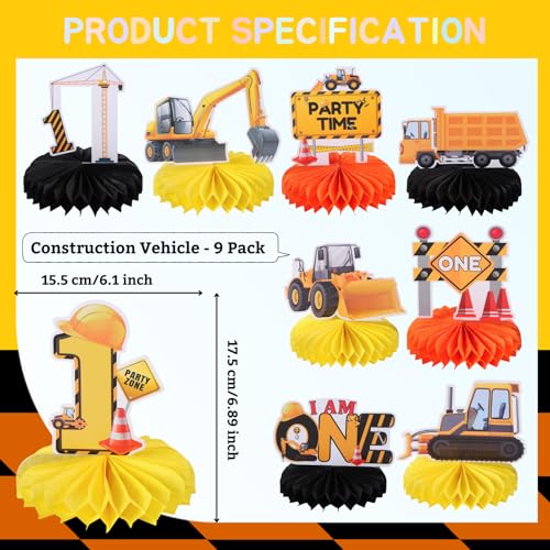 Image of 9pcs Construction Vehicle Table Centerpieces for First Birthday Party Decorations Truck Car Excavator Honeycomb Centerpieces One Birthday Table Decorations Construction 1st Birthday Table Sign Decors