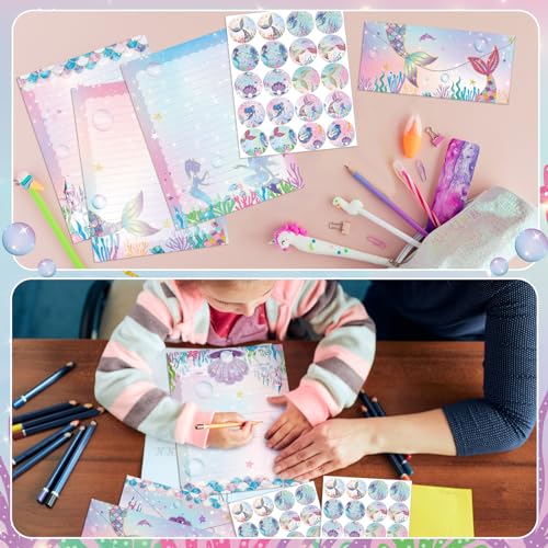 Image of TaoBary 160 Pcs Stationery Paper Set 50 Double Sided Stationery Papers with 50 Matching Envelopes and 60 Round Dot Sticker, 10 Design(Mermaid,8.5 x 11 Inch)