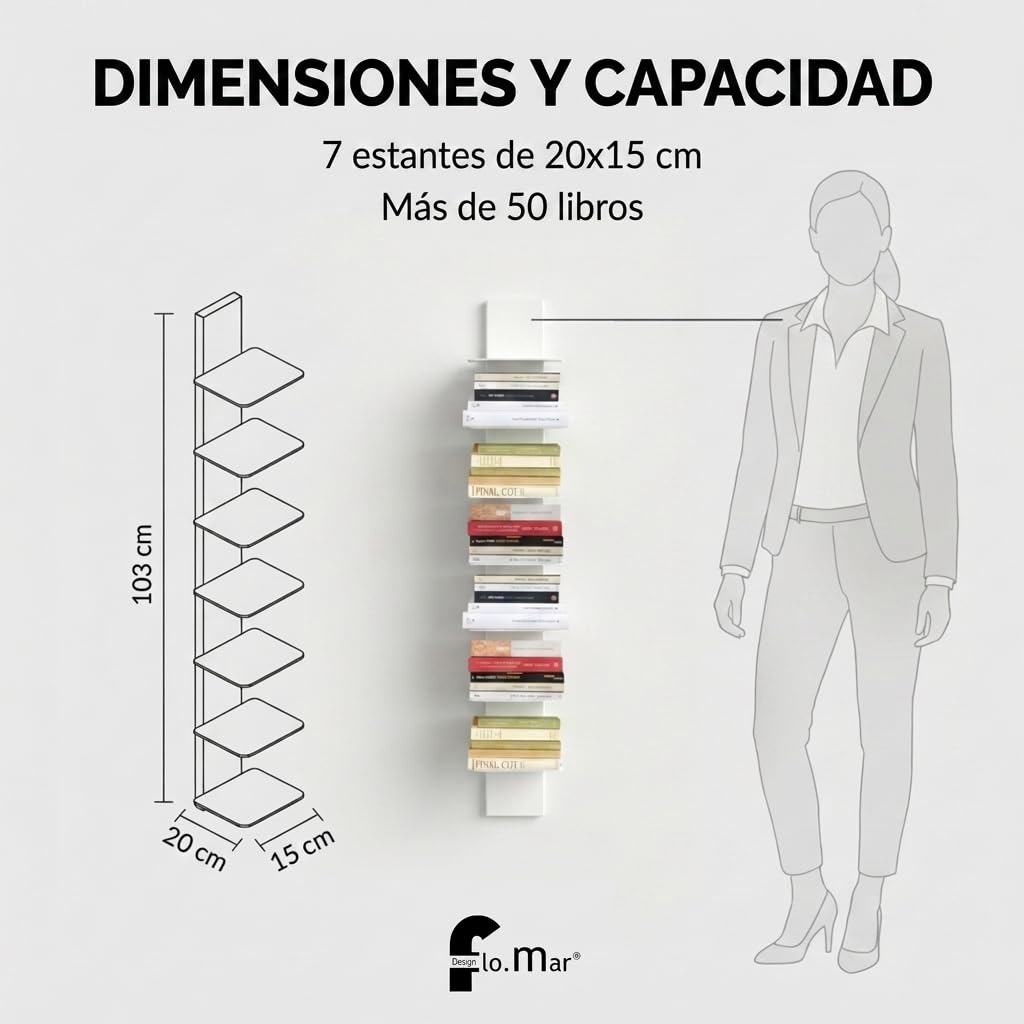 Flo.mar Librería Estantería Vertical de Pared en Metal Resistente con 7 Estantes 20x15 cm, Estanterías Metálicas Modernas para Libros Hogar y Oficina (Blanco, 103 cm)