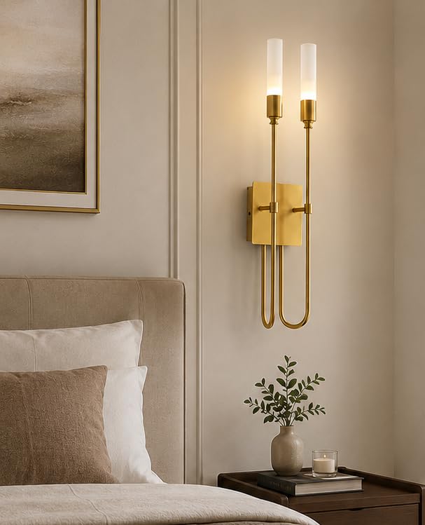 Image of Long Metal Wall Light, Double-Arrow Double Wall Sconce, Gold U-Shaped Fixture with Glass Shade, Contemporary Indoor Lighting for Bedroom, Living Room, Home Decoraiton with Bulbs, Golden
