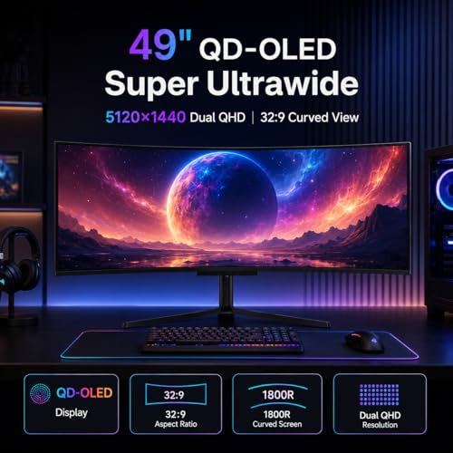 Image of Deco Gear 49-inch QD-OLED Curved Gaming Monitor, 240Hz, 5120x1440 DQHD, Black, 32:9 Ultrawide Display, HDR400, 0.03ms Response, USB-C 90W, KVM Switch