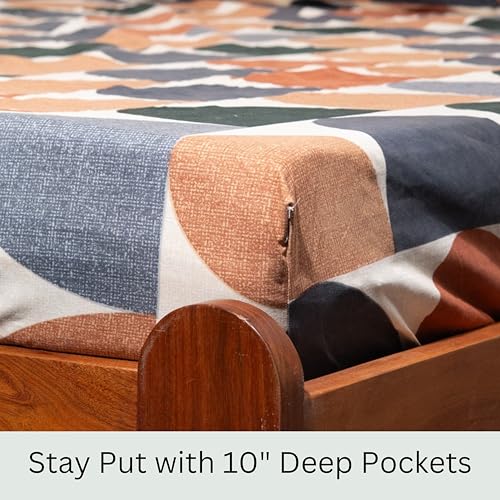 Image of Amazon Brand - Umi Cotton Fitted Bedsheet, Queen Size 78x60 Inches, Elastic Fit Bed Sheet, 10 Inch Deep Pocket, Soft Breathable Bedding, Durable Easy Care, with Pillow Cover-Rustic Geometry
