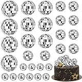 JOERSH 30 PCS Disco Ball Cake Decoration, Small Silver Reflective Mirror Ball Cake Topper, 70s Disco Themed Table Decor for Disco Theme Party 70s Disco Party Favor, 4 Sizes