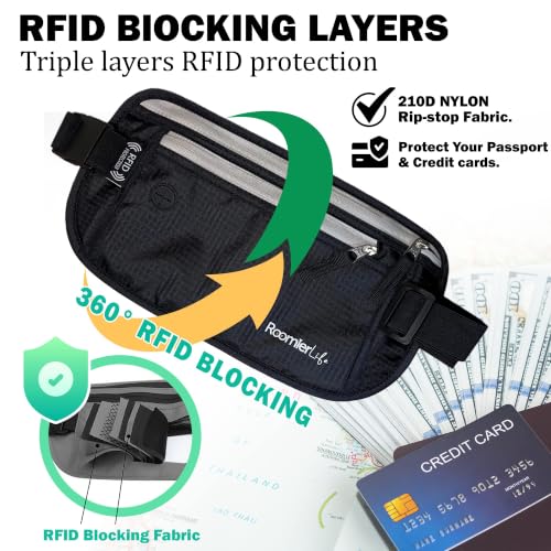 Image of RFID Blocking Passport Holder Travel Pouch for Men & Women - Hidden Money Belt with Anti-Theft Locking Zipper, Slim Waterproof Waist Wallet for Cash, Credit Cards, Passport & Travel Documents (Onyx)
