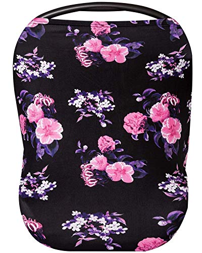 Premium 4 in 1 Multiuse Cover for Nursing, Carseat Canopy, Baby Car Seat Cover for Girl, Breastfeeding Scarf, Shopping Cart - Baby Registry Must Haves (Floral Black and Pink)