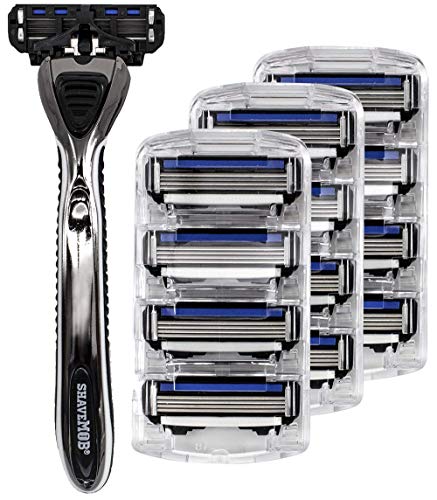 Shave Mob: The Average Joe - Men's 4 Blade Shaving Razor - 12pk Refill- Non-slip Handle - Precision-Cut Blades - Clog Resistant - Lubrication Strip: Chamomile, Olive Oil, Allantoin
