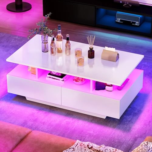 YITAHOME LED Coffee Tables for Living Room, High Glossy Coffee Table with Storage 4 Sliding Drawers,...