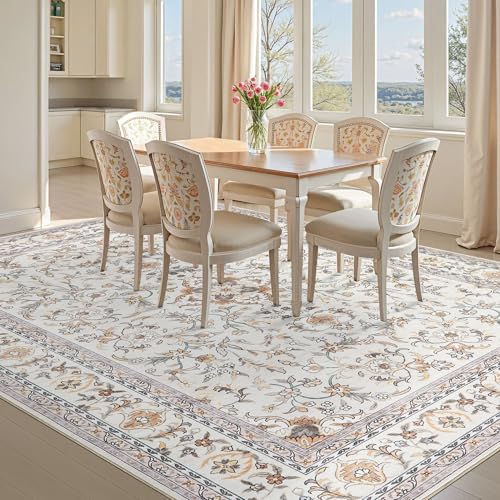 Tortania Area Rug Living Room Rugs - 9x12 Washable Boho Rug Vintage Oriental Distressed Farmhouse Large Thin Indoor Carpet for Living Room Bedroom Under Dining Table Home Office - Floral Beige