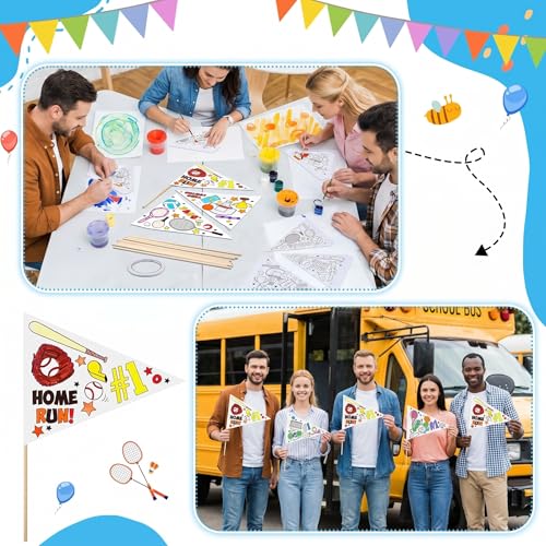 Image of 36 Packs Sports Flag Crafts Sports Party Favor Color Your Own Football Basketball Soccer Flag Coloring Pennant Art Crafts for Home DIY Activities Project Party Decoration