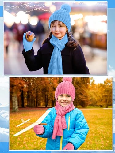 Image of JaGely 2 Sets Kids Winter Hat Gloves Scarf Set Girls and Boys Knit Hat with Pom Warm Scarf Snow Gloves for 3-10 Years Toddler