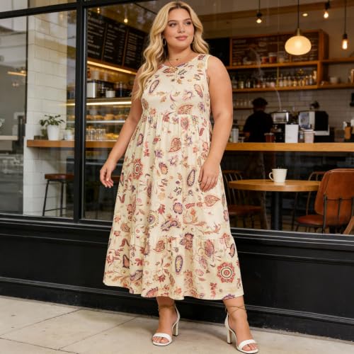 Image of Moon Wood Women's Plus Size Sleeveless Summer Dress Crewneck Tank Casual Flowy Maxi Dress with Pockets Vacation Outfits
